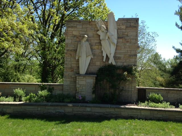 This is a close-up of the angel appearing to Mary at the time of the annunciation.
This sculpture is located directly behind the angelus bells.